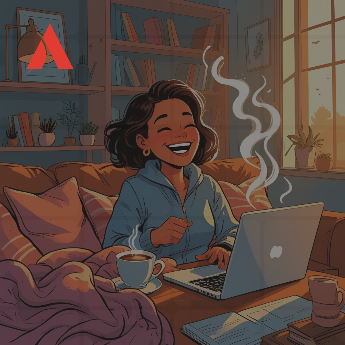 Smiling woman working remotely from a cosy living room with coffee