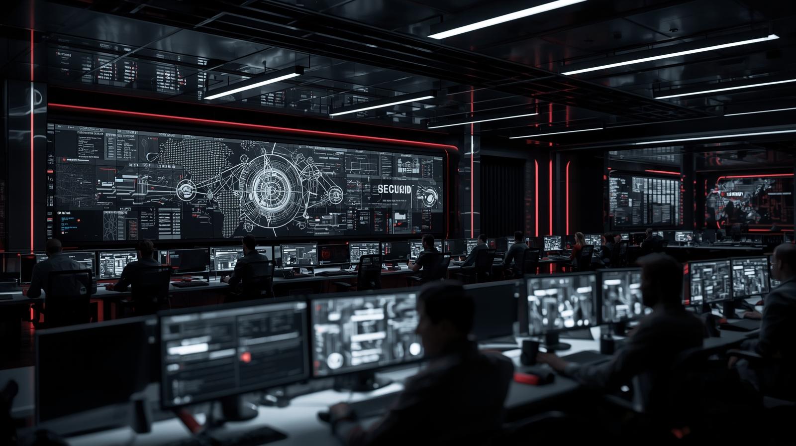 People working in a dimly lit managed services security centre