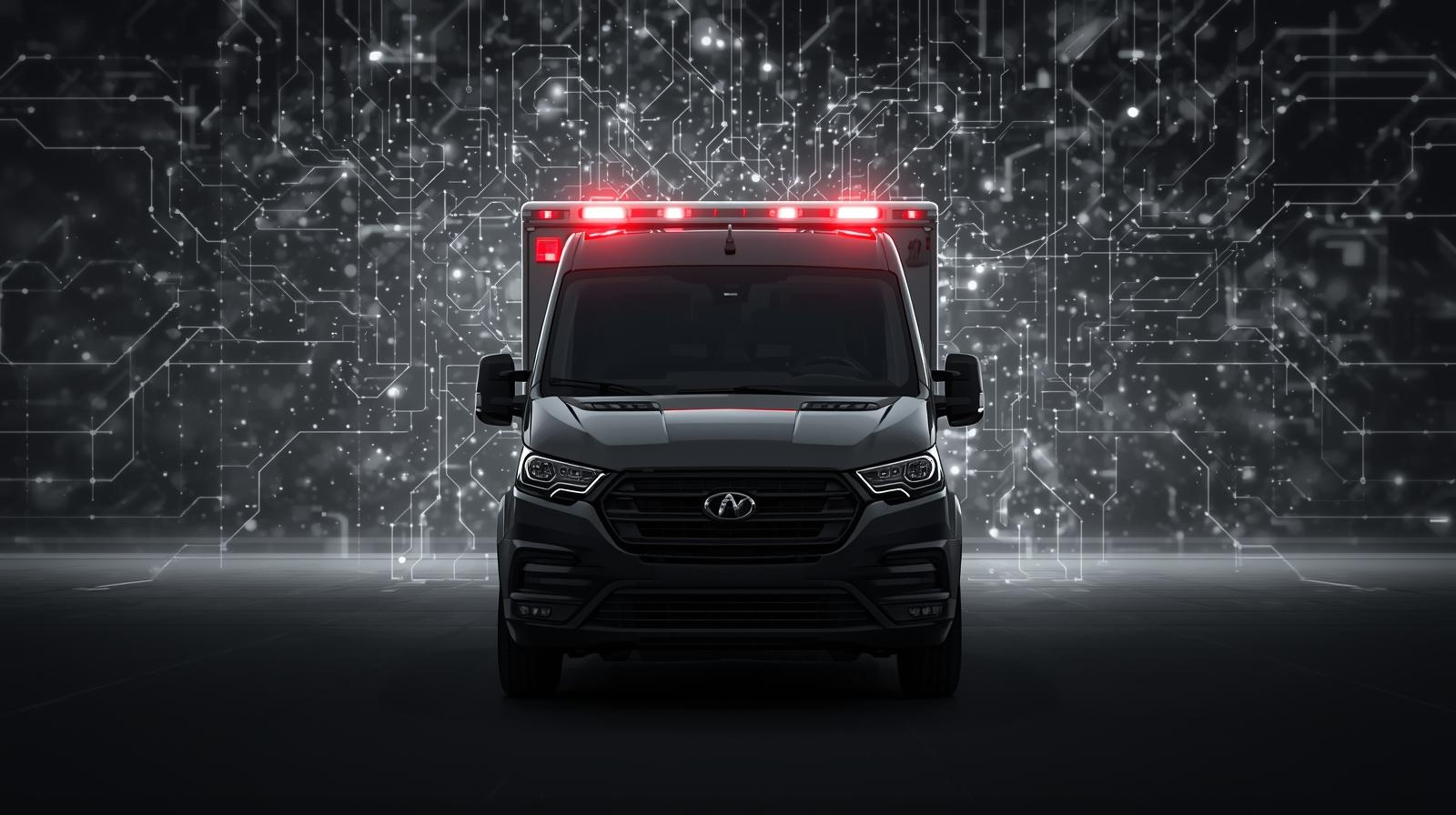 Ambulance with cyber backdrop depicting incident response