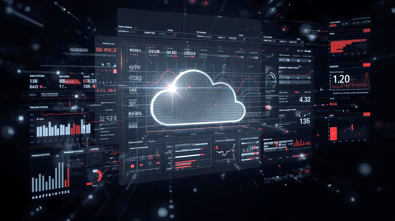 A modern cloud operations dashboard, clean interface with charts and status indicators representing cloud security