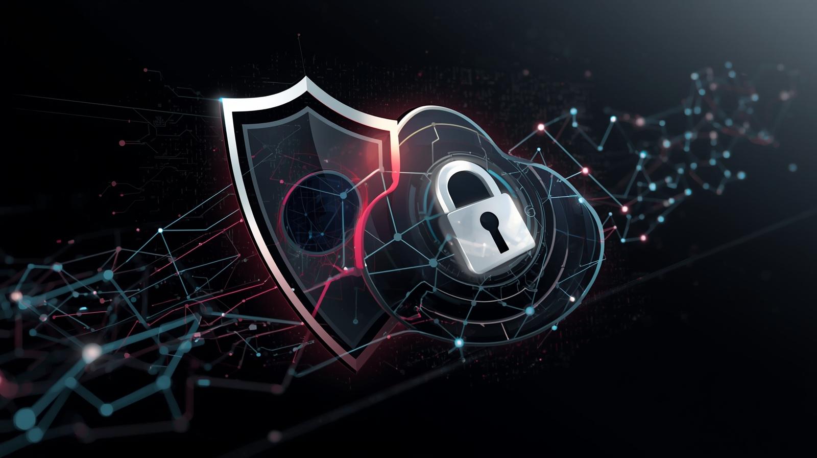 A digital shield overlaying a cloud icon, with a glowing network grid and lock symbol to represent data protection when using AI,