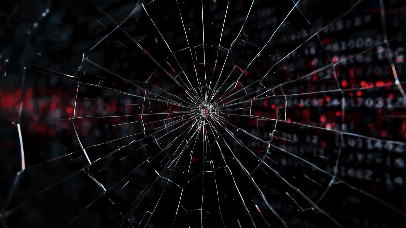 Glass with glowing data strands behind it representing broken trust.