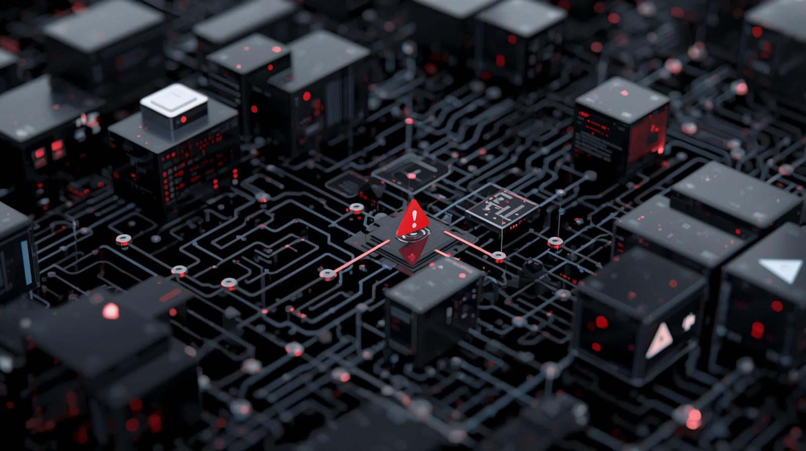 Photo-real image showing a trusted digital supply chain with one subtle compromised element representing supply chain attacks.
