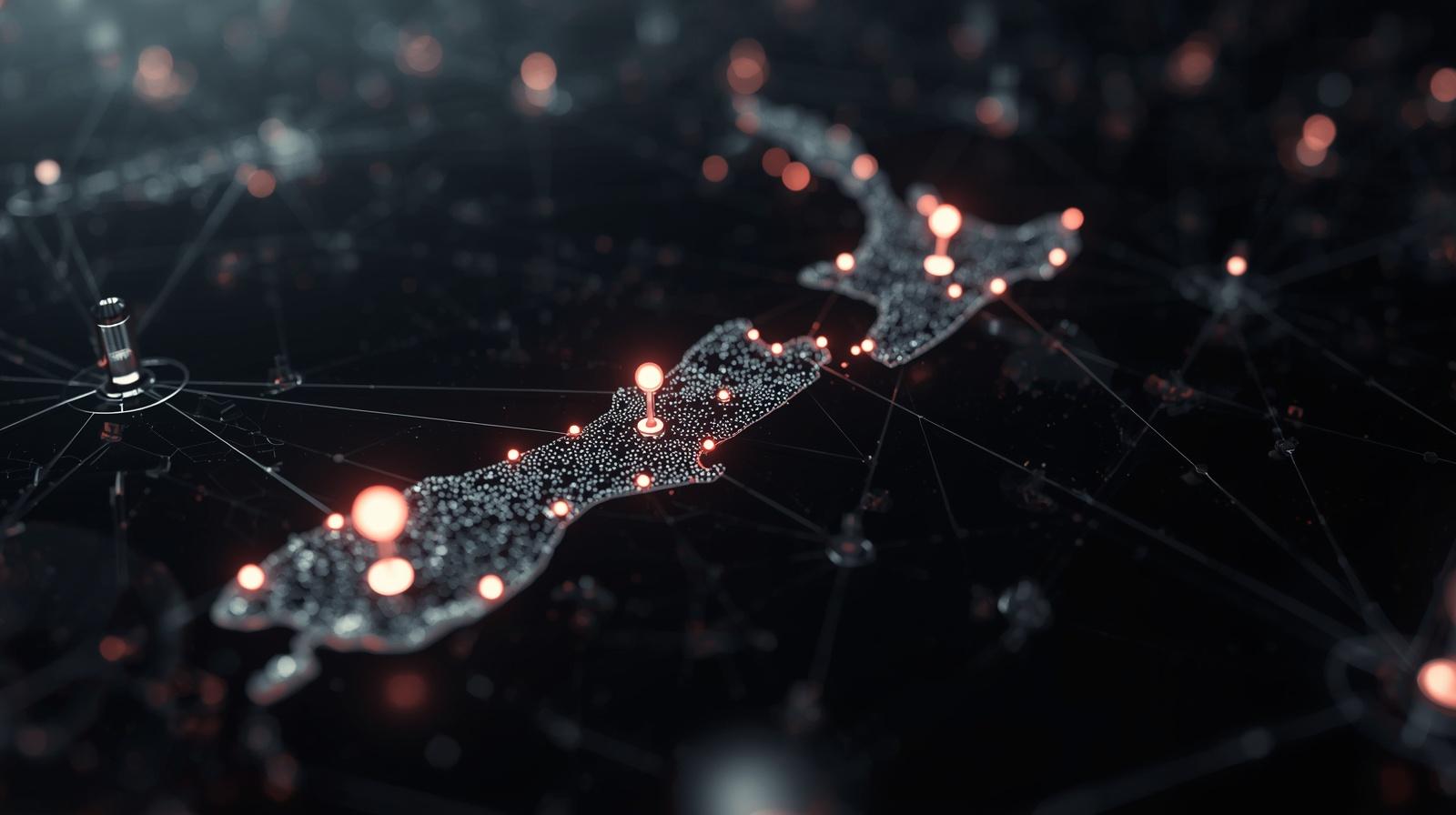 Photo-real image showing local cloud infrastructure anchored in New Zealand. Subtle map outline with local data centres connected to nearby users and applications.