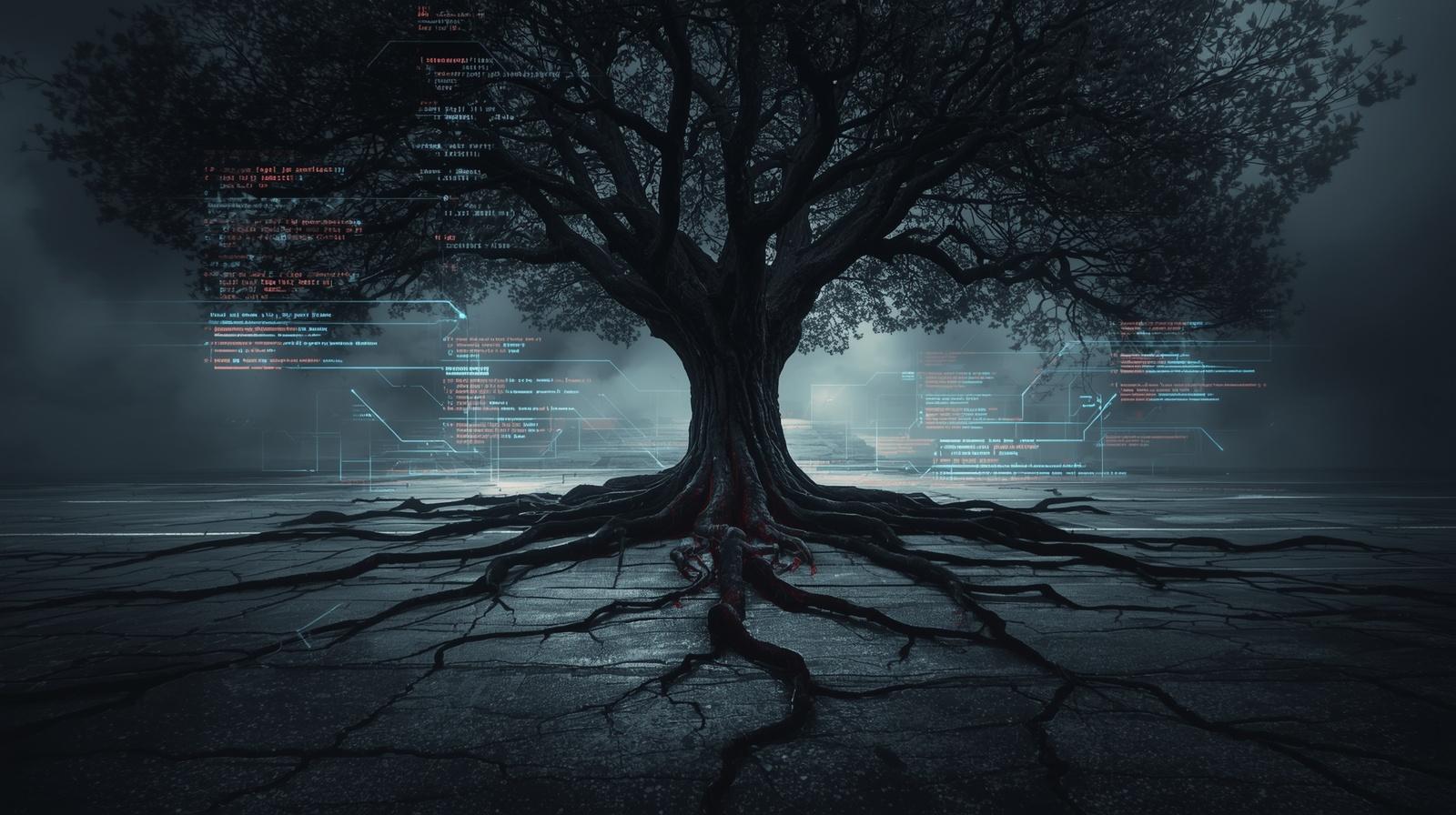 A stylised photo-real image of a large mature tree in an urban landscape with deep roots cracking the pavement beneath the tree to represent cracks in your technology foundations.