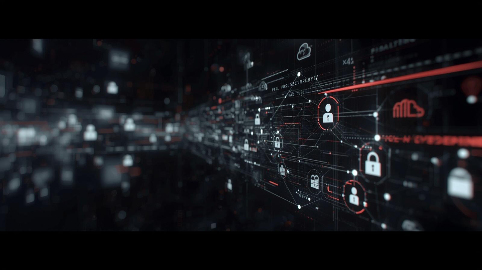 A modern, abstract cyber security photo-real image showing human users, cloud systems, and AI agents represented as connected nodes flowing through a protected digital environment to represent identity security.