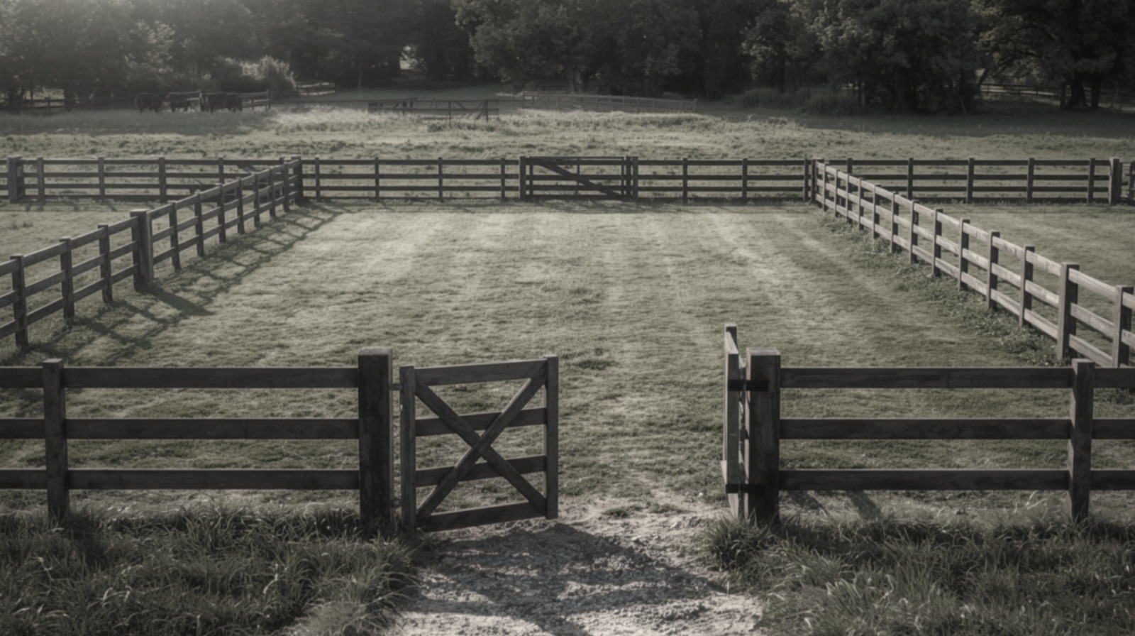 A photo of farm paddocks with fences around them. Only one paddaock has an open gate. All other gates are shut, representing ZTNA.
