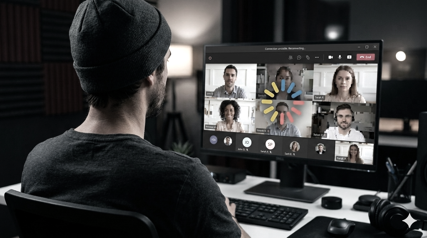 A man sitting at his desk with his screen frozen on an online meeting to illustrate network observability.