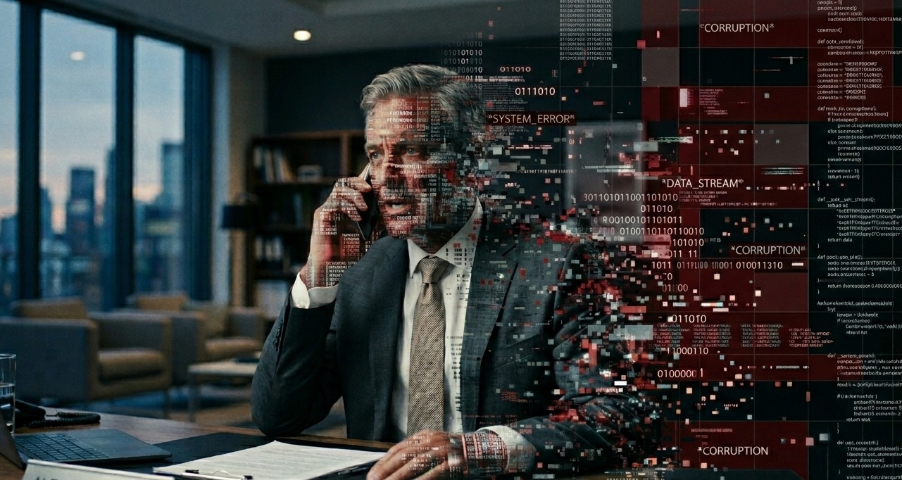 An executive speaking on the phone. On one side, the figure subtly glitches into a digital distortion made of pixels and data streams, representing deepfakes.