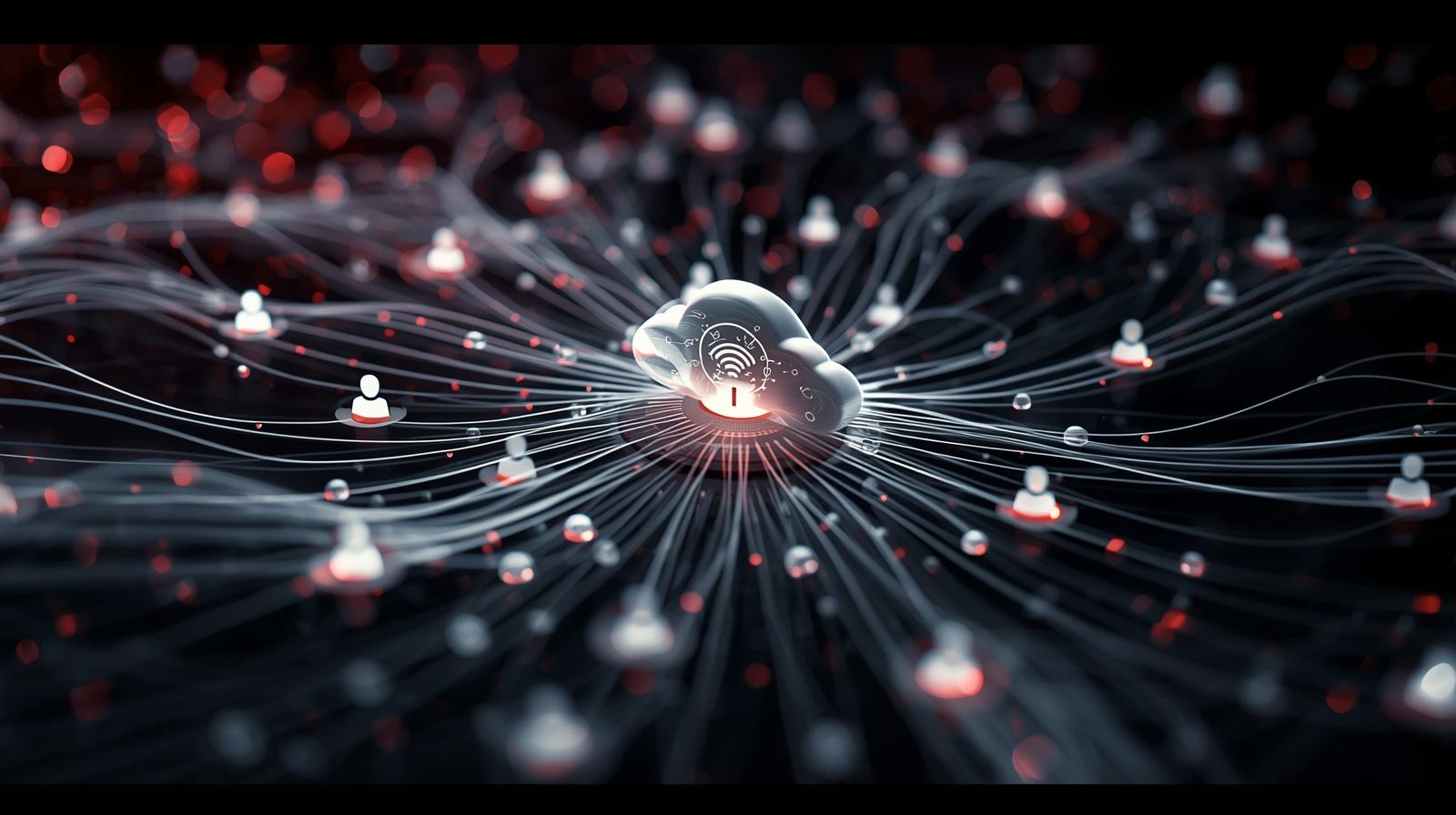 A cloud platform delivering services with flowing connection lines and centralised control, representing SASE.