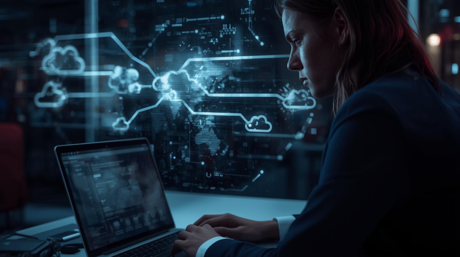 Woman on laptop with digital cloud overlays in background representing shadow AI