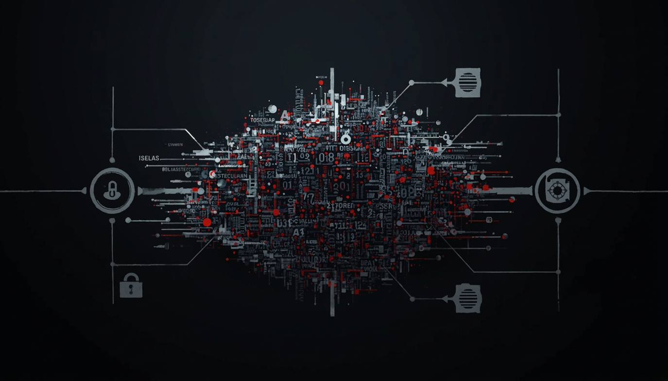 A noisy cloud of data signifying mythos hype simplified into subtle security and AI elements