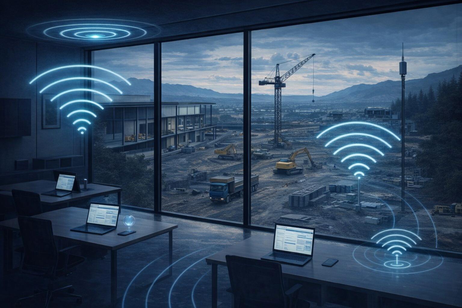 A modern office overlooks an outdoor industrial construction environment showing Wi-Fi 7 or Private 5G working together.