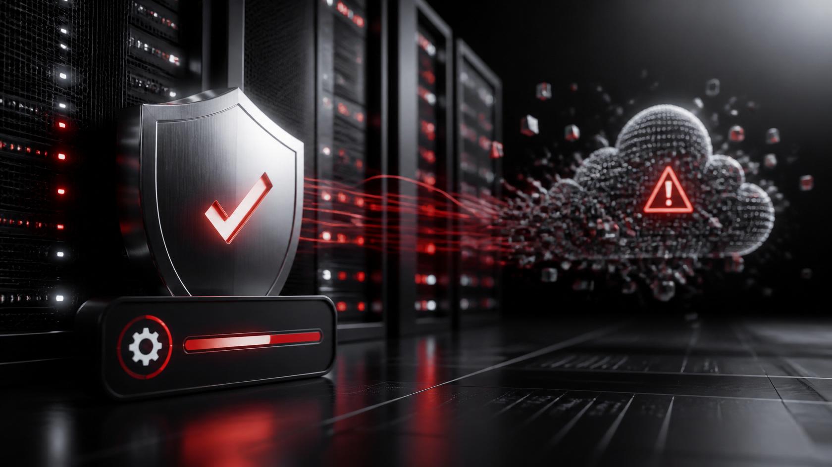 Visual metaphor of a software update versus a large digital problem developing with subtle IT and cybersecurity elements (shield, gear, alerts).