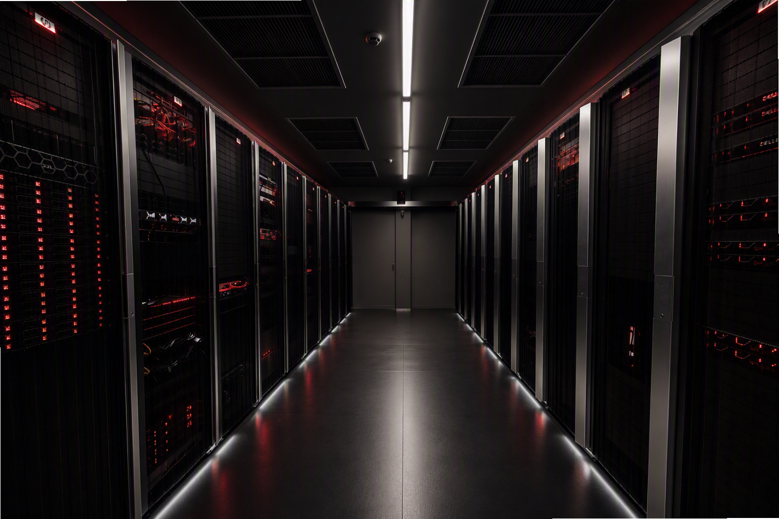 A modern data centre interior illustrating cloud infrastructure with symmetrical rows of server racks with visible networking and power systems, polished professional environment.