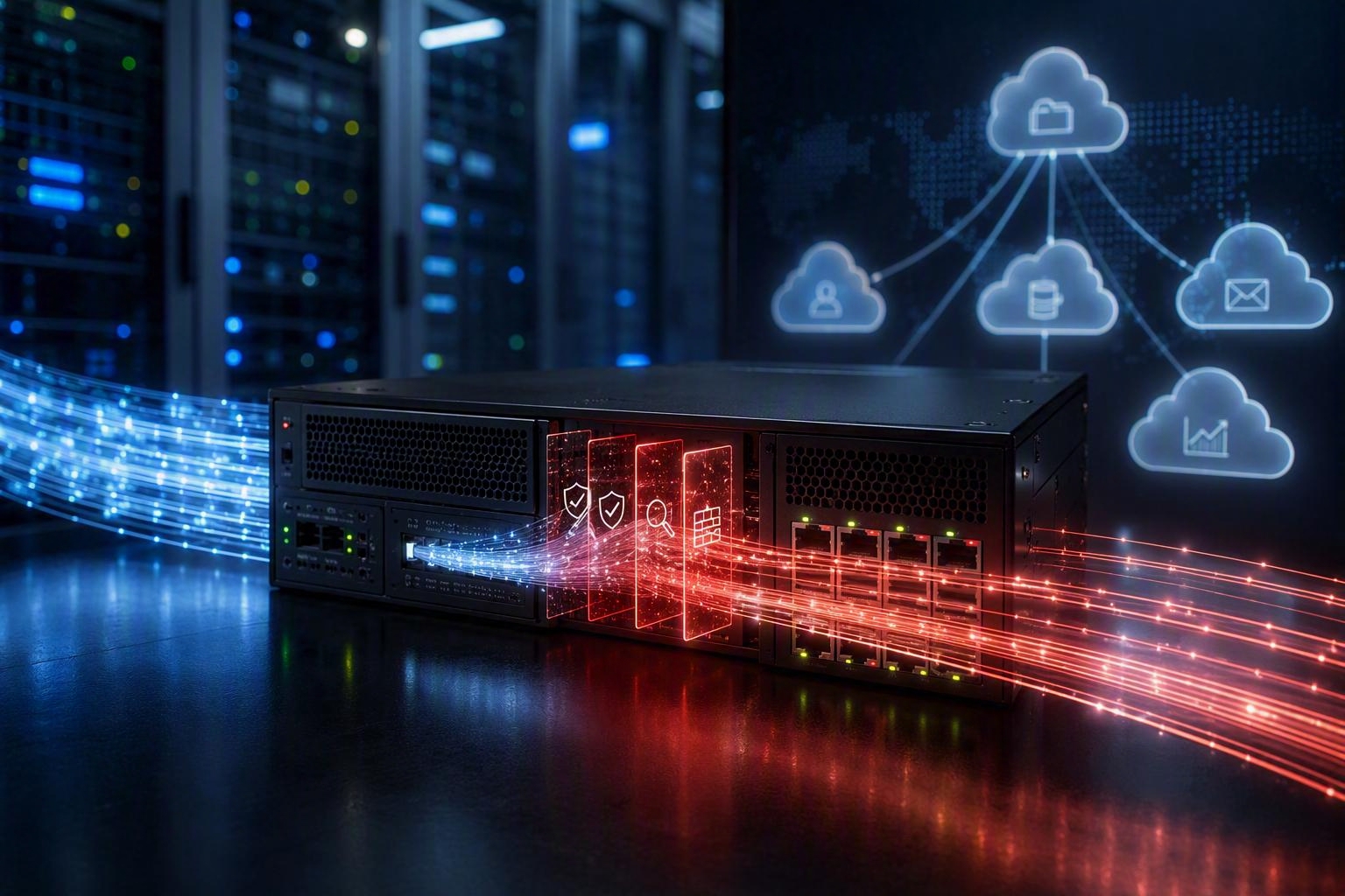 Network traffic flowing through a firewall that is becoming a point of congestion between users and cloud applications.