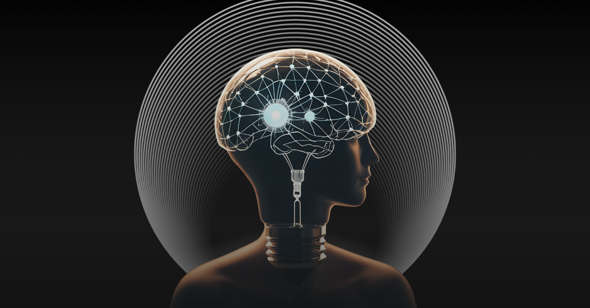 AI governance concept graphic featuring a digital brain inside a human-shaped lightbulb on a dark background.
