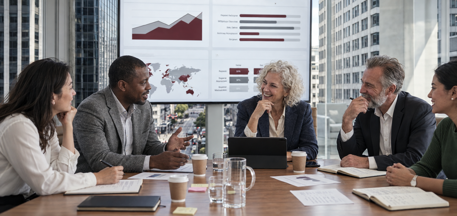 AI governance workshop with business leaders reviewing data, policies and organisational strategy in a modern office