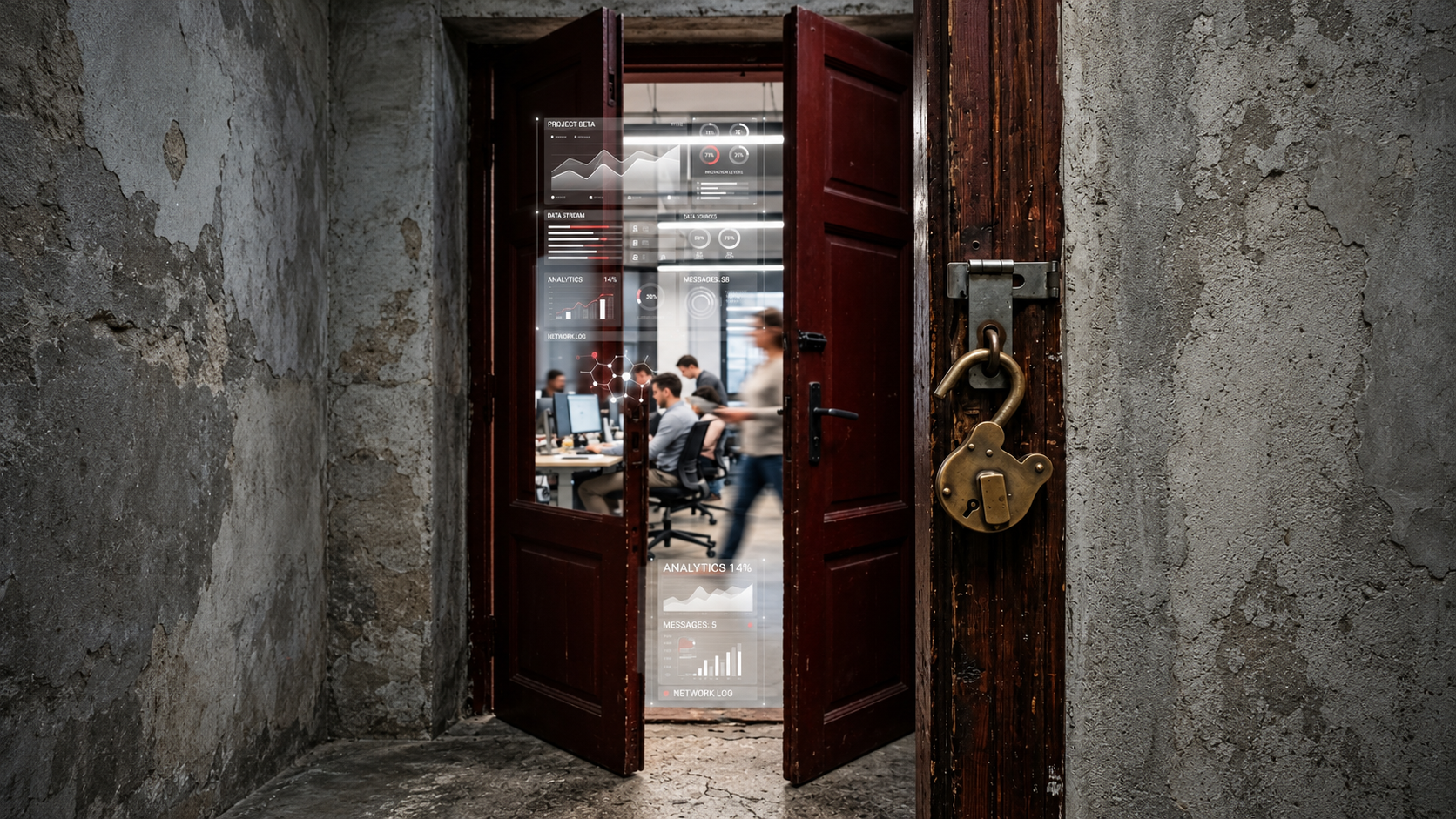 AI Security and data governance concept featuring an open, unlocked doorway to a modern office with digital dashboards, representing shadow AI, data leakage and emerging cybersecurity risks.