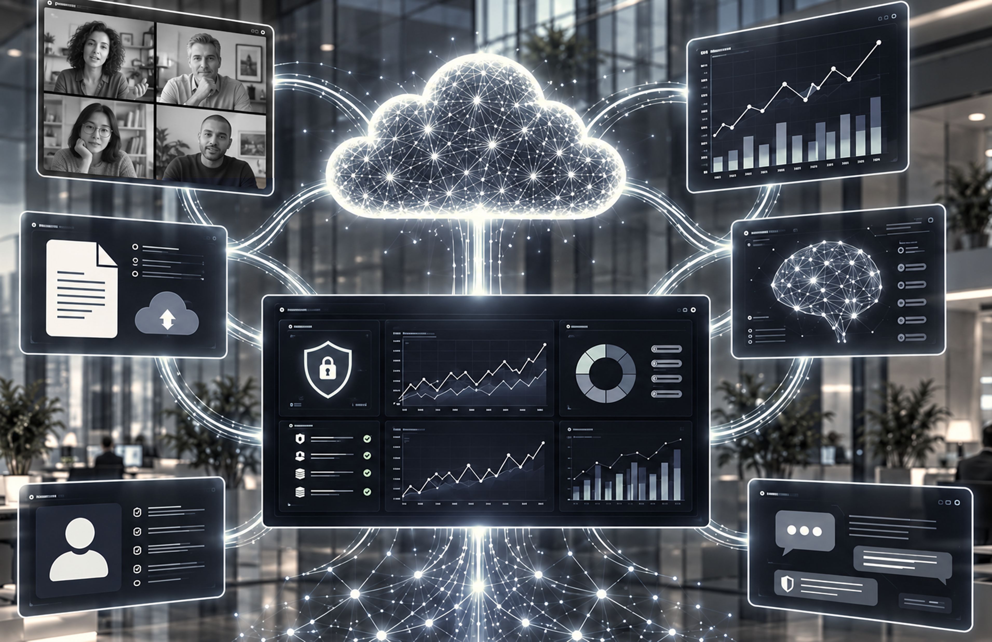 A glowing cloud connects AI tools, video conferencing and security dashboards in a modern office, illustrating the interconnected workplace where shadow AI can emerge.
